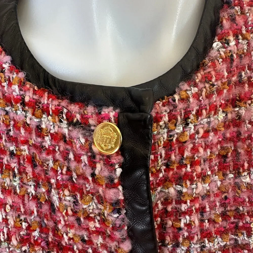English Factory Pink Tweed Blazer LARGE Boxy Boucle Faux Leather Clueless $210 - Picture 10 of 10